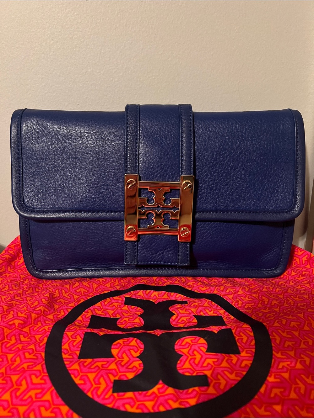 Tory Burch Royal Blue Leather Clutch with Gold Hardware